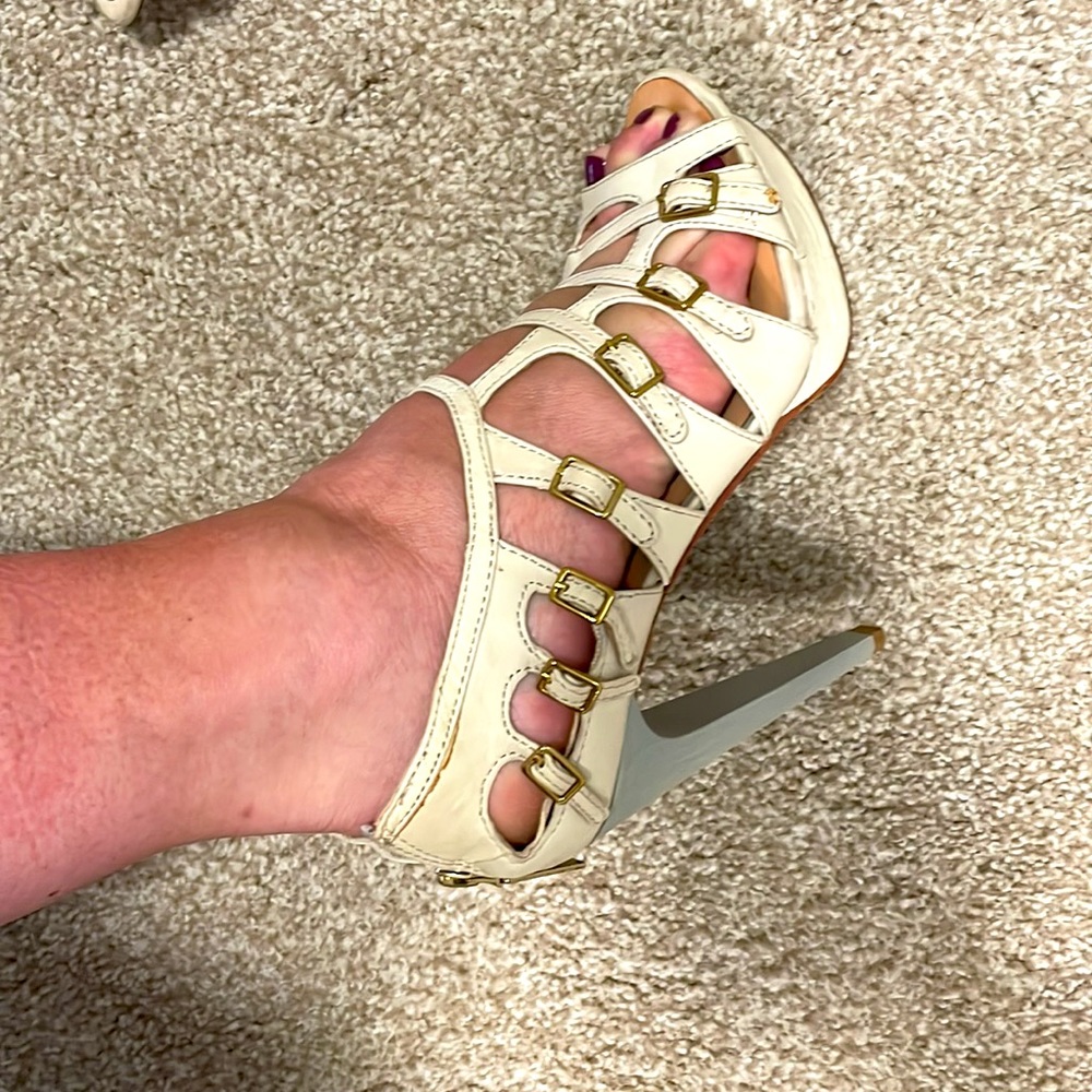 LAMB stilettos, platform, bone, size 8, cage detail, gold buckles